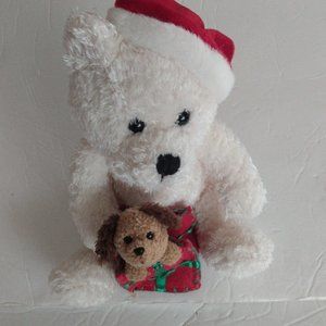 White Teddy Bear with Santa holding puppy as present stuffed Animal